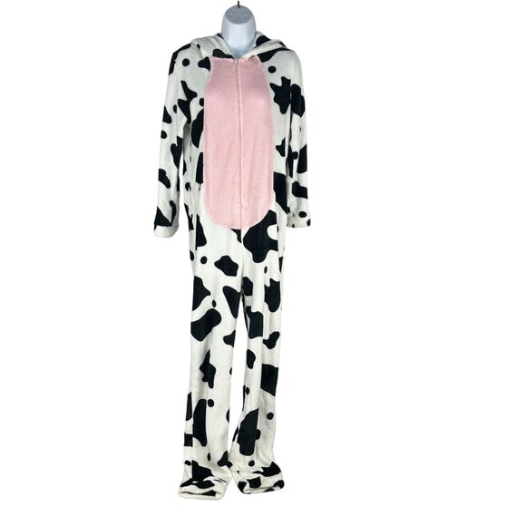 Cow Print Hooded One-Piece Pajamas With Horned Hood By Secret Treasures M 8-10 - Picture 1 of 6